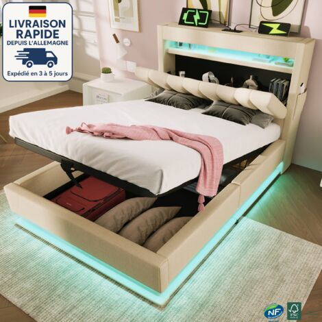 MODFU - Cama infantil con almacenaje 90×200cm, LED, cabecero con almacenaje, puertos USB y Tipo C, base tapizada, sin colchón, lino, beige