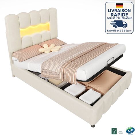 MODFU - Cama infantil con canapé 90×200cm, con LED, tapizada, cabecero regulable en altura, sin colchón, terciopelo, beige