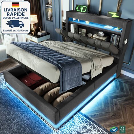 MODFU - Cama infantil con canapé 90×200cm, LED, cabecero con almacenaje, puertos USB y Tipo C, base tapizada, sin colchón, lino, gris