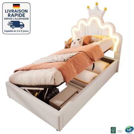 MODFU - Cama infantil con canapé 90×200cm, tapizada hidráulicamente, cabecero regulable en forma de corona, con LED, sin colchón, MDF, blanco