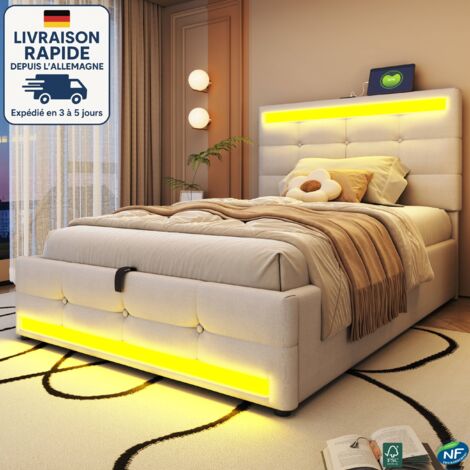 MODFU - Cama infantil con canapé 90x200cm con LED, hidráulica, tapizada, puerto USB, somier, sin colchón, lino, beige