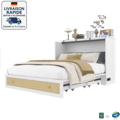 MODFU - Cama nido para adultos 140x200cm, convertible multifuncional, con USB y enchufe, sin colchón, MDF, blanco