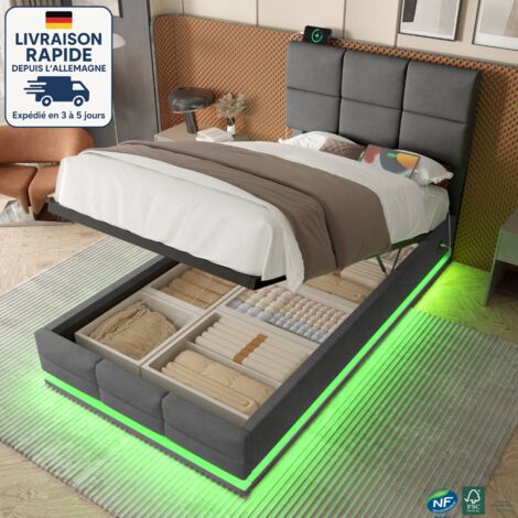 MODFU - Cama para adultos, canapé abatible, terciopelo, cabecero regulable, iluminación LED ambiental, puerto USB/Tipo C, compartimento de almacenamiento con elevación hidráulica (colchón no incluido)