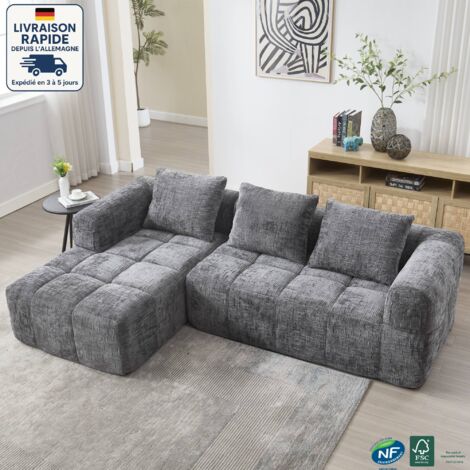 Modfu – Canapé d'angle 3 places en tissu chenille gris – Dimensions 250x158x60cm – Poches latérales et mousse haute densité