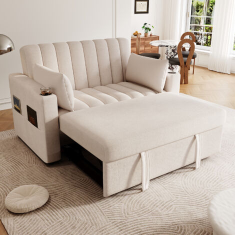 Modfu – Canapé d'angle convertible 2 places – Dossier inclinable 3 positions – Tissu coton doux – Porte-gobelets et coussins inclus – Beige