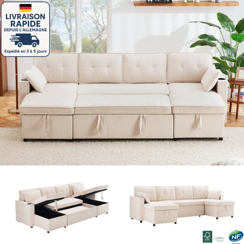 MODFU - Canapé d'angle convertible 4 places avec 2 coussins et 2 porte-gobelets, canapé de salon avec espace de rangement, lin, beige
