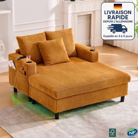 MODFU - Canapé de relaxation, chaise longue, USB+LED, avec porte-gobelet et poches latérales, adapté au salon/chambre, velours côtelé, orange