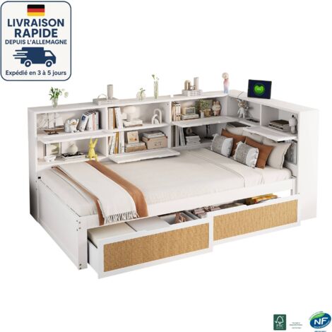MODFU - Canapé-lit 90×200cm, lit enfant, 2 tiroirs, avec prise, sans matelas, pin, blanc