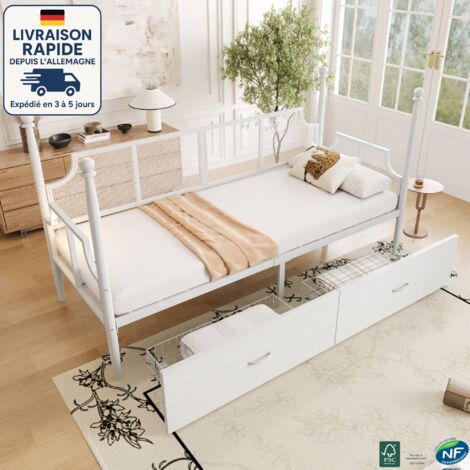 MODFU - Canapé-lit enfant 90×200 cm avec 2 tiroirs, sans matelas, métal, blanc