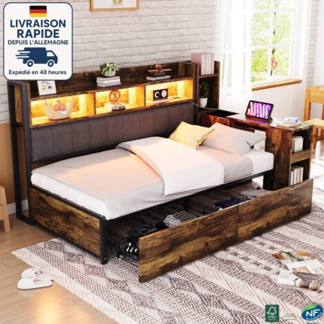MODFU - Canapé-lit enfant 90×200cm avec tiroirs, bureau coulissant, prise + LED, compartiment de rangement, sans matelas, bois + MDF, marron