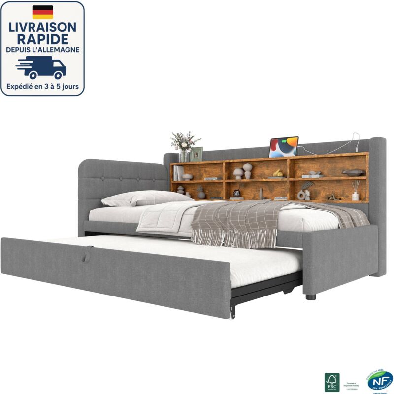 MODFU - Canapé-lit enfant avec lit gigogne 90x190/200cm 2 personnes, avec rangement, USB+TypeC, sommier à lattes, sans matelas, lin, gris