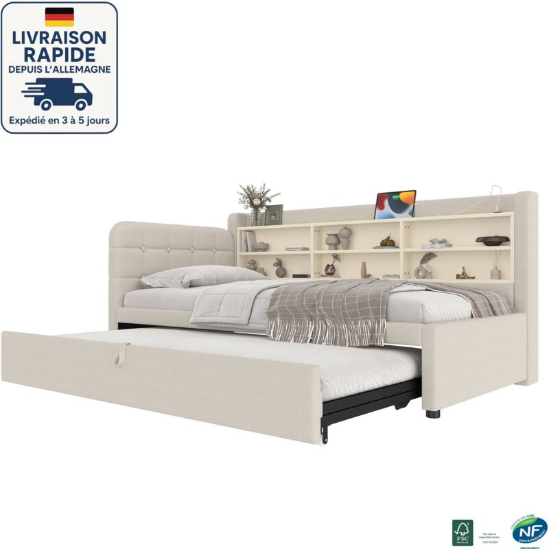 MODFU - Canapé-lit enfant avec lit gigogne 90x190/200cm 2 personnes, avec rangement, USB+TypeC, sommier à lattes, sans matelas, lin, beige