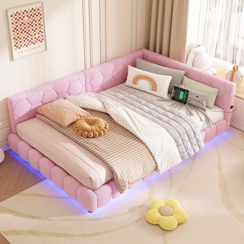 MODFU Canapé-lit enfant 140x200 cm, sommier à lattes, USB, LED, velours, sans matelas, rose