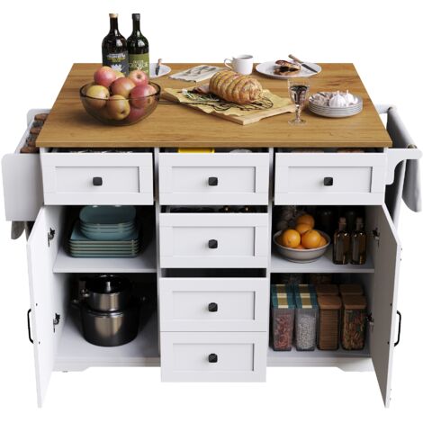 MODFU - Carrello da cucina, credenza con tavolo bar pieghevole, 5 cassetti, 2 ante, maniglie in metallo, 147×44/70×93 cm, MDF, bianco