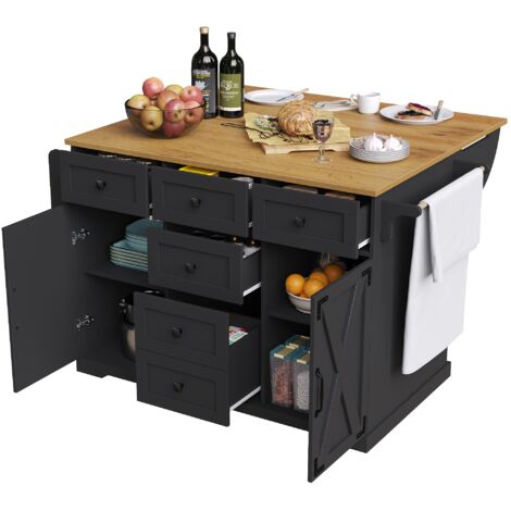 MODFU - Carrello da cucina, credenza con tavolo bar pieghevole, 5 cassetti, 2 ante, maniglie in metallo, 147×44/70×93 cm, MDF, nero