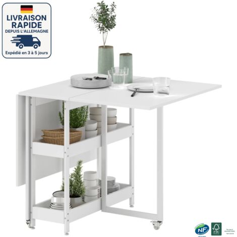 MODFU - Carrello da cucina in legno su ruote con tavolo pieghevole, 2 ripiani aperti, carrello da giardino, 80/133,4x80x75 cm, bianco