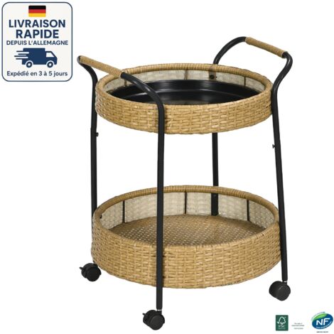 MODFU - Carrello da giardino su ruote, in rattan intrecciato, con 2 ripiani, struttura in metallo - impermeabile, sala da pranzo/cucina, naturale