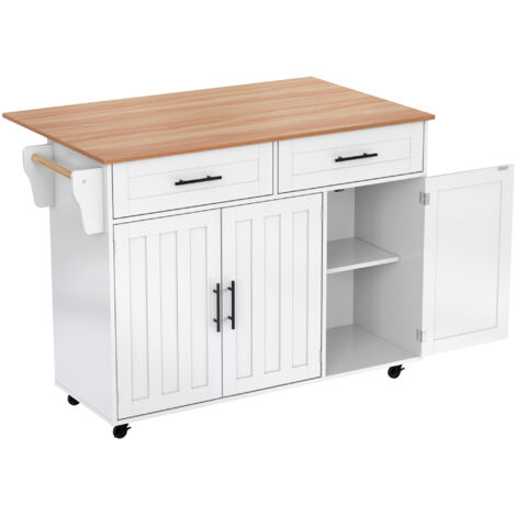 MODFU-Carrito de cocina con mesa de bar plegable, aparador con 2 cajones y 3 puertas, con estantes, 129×46/71×91,5cm, MDF, blanco