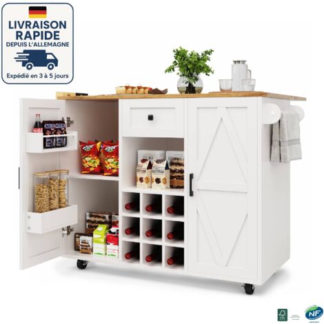 MODFU - Carrito de cocina con mesa plegable, aparador con 1 cajón y 2 puertas, botellero, MDF, blanco
