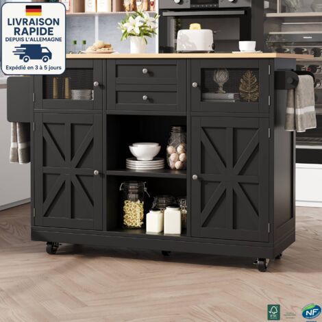 MODFU - Carrito de cocina con ruedas con mesa alta plegable, buffet, 1 cajón + 4 puertas, estantes regulables, MDF, negro