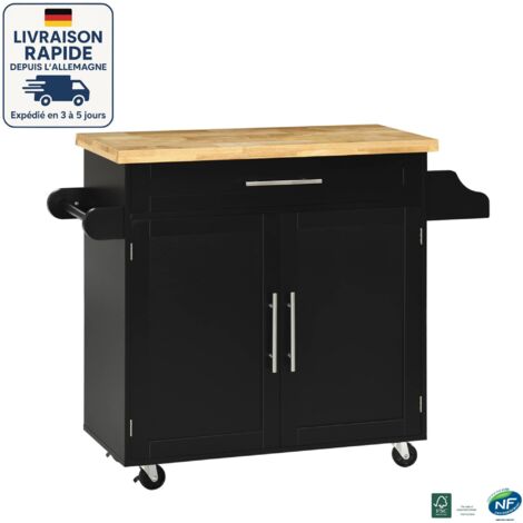 MODFU - Carrito de Cocina de Madera con 4 Ruedas y Estantes Ajustables, 2 Puertas y 1 Cajón, 109x40x89cm, Negro
