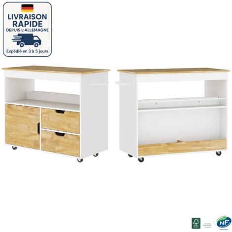 MODFU - Carrito de cocina de madera con almacenaje abierto, 1 puerta y 2 cajones, 107x50x85cm, blanco+natural