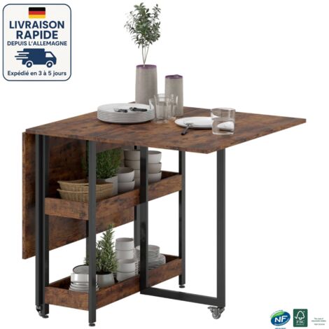 MODFU - Carrito de cocina de madera con ruedas y mesa plegable, 2 estantes abiertos, carrito de jardín, 80/133,4x80x75 cm, marrón