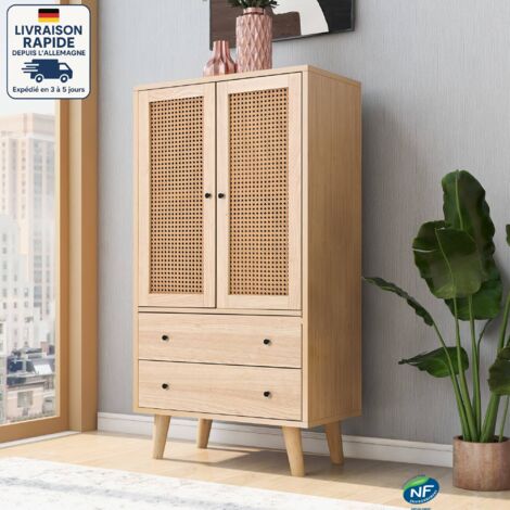 Modfu – Commode moderne 60x40x120 cm – 2 tiroirs et 2 portes – Meuble de rangement en aggloméré couleur chêne – Assemblage facile avec instructions