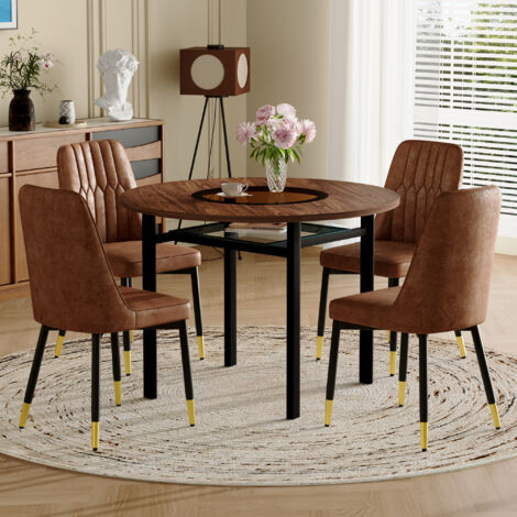 MODFU - Conjunto de mesa de comedor redonda con cristal incrustado, Ø100 cm, con 4 sillas de tela marrón, MDF efecto madera y metal negro - Marrón