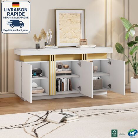 MODFU - Credenza a 3 ante con ripiani regolabili, mobile contenitore per cucina e soggiorno, 140x38x70cm, bianco