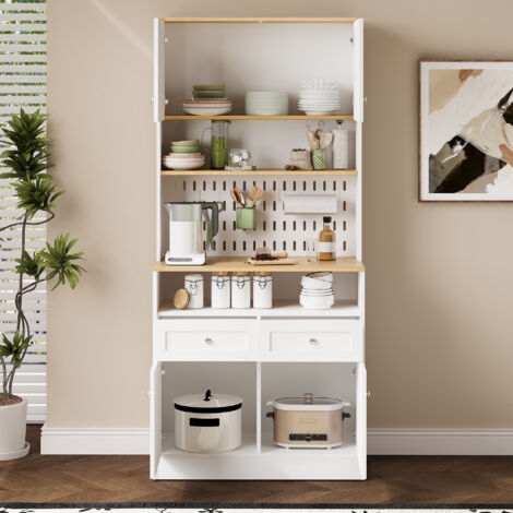 MODFU - Credenza alta 175 cm, mobile contenitore multifunzionale per cucina e sala da pranzo, MDF/truciolato, legno bianco e naturale