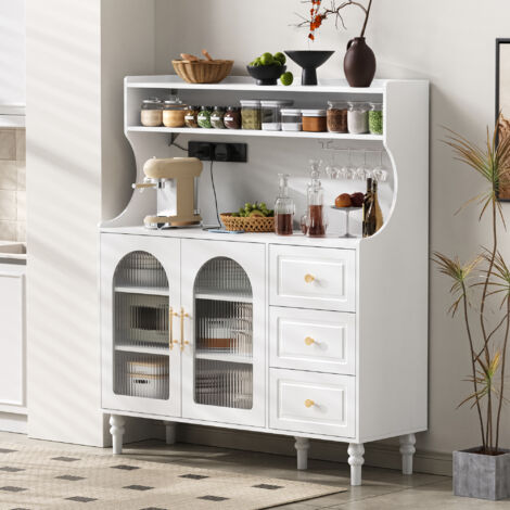MODFU - Credenza alta portaoggetti per cucina/sala da pranzo, 3 cassetti, anta in vetro rigato, porte USB/Type-C, 120x40x138,5 cm, MDF bianco
