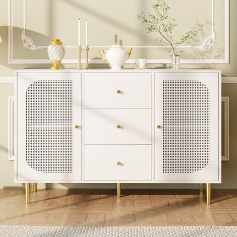 MODFU Credenze e buffet 120x40x90cm cassettiera con 3 cassetti 2 ante, maniglie e gambe dorate, cucina/soggiorno, PE rattan e MDF, bianco