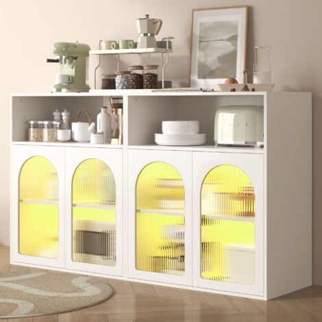 MODFU Credenze e buffet , vani portaoggetti aperti, mobiletto, sala da pranzo/soggiorno, LED, MDF, bianco - 140x35x90 cm con 4 ante