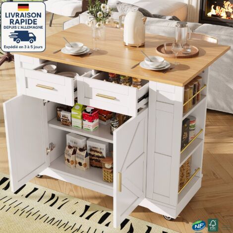 MODFU - Desserte de cuisine à roulettes, buffet, meuble de rangement, 2 portes et 2 tiroirs, MDF, 120 x 40/65 x 90 cm, blanc
