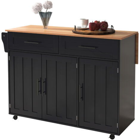MODFU-Desserte de cuisine avec table de bar pliante, buffet avec 2 tiroirs et 3 portes, avec étagères, 129×46/71×91,5cm, MDF, noir