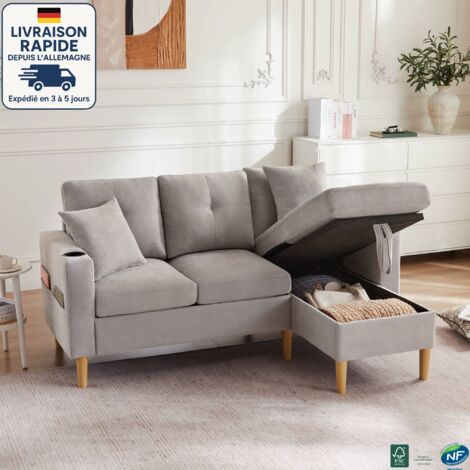 MODFU - Divano a 3 posti con 2 cuscini, divano contenitore per soggiorno e camera da letto, cotone e lino, 175×129×90 cm, beige