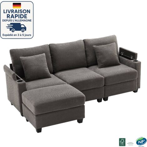 MODFU - Divano angolare a 3 posti, 2 cuscini, divano a L con poggiapiedi, portabicchieri + USB, soggiorno/camera da letto, velluto a coste, grigio