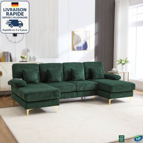 MODFU - Divano angolare a 4 posti con 4 cuscini, divano a U con LED, porta USB, tessuto in velluto a coste, 265×135×88 cm, verde