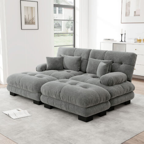 MODFU - Divano componibile 2 posti con 2 pouf, 4 cuscini inclusi, tessuto ciniglia grigio