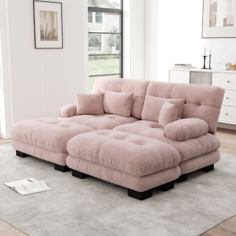MODFU - Divano componibile 2 posti con 2 pouf, 4 cuscini inclusi, tessuto ciniglia rosa
