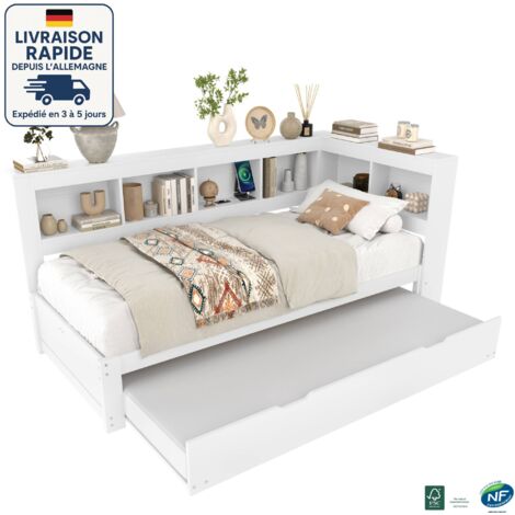 MODFU - Divano letto in legno 90×190/200cm con letto estraibile, letto per bambini, porta USB e presa, rete a doghe, senza materasso, bianco