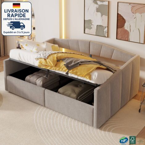 MODFU - Divano letto in velluto 140×200 cm, letto contenitore, rete a doghe, MDF, senza materasso, grigio chiaro
