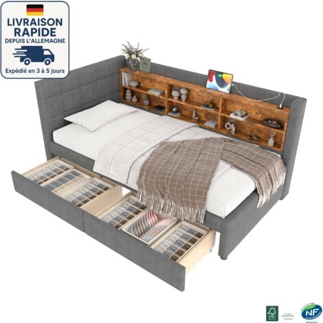 MODFU - Divano letto per bambini 90×200cm con contenitore, 2 cassetti, 6 scomparti portaoggetti, USB+Type-C, senza materasso, lino, grigio