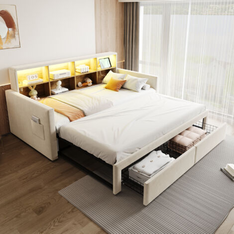 MODFU - Divano letto trasformabile 90/180x190 cm, letto per bambini a 2 posti con 2 cassetti, testiera con contenitore, illuminazione a LED e presa di ricarica, velluto beige