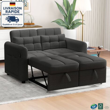 MODFU - Divano letto trasformabile a 2 posti con ruote e 2 cuscini, porta USB, adatto per soggiorno camera da letto, 142×85×83cm, grigio