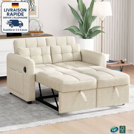 MODFU - Divano trasformabile a 2 posti con ruote con 2 cuscini, porta USB, adatto per soggiorno camera da letto, 142×85×83cm, beige