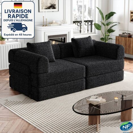 MODFU - Divano trasformabile in ciniglia con cuscini, poltrona, divano imbottito con braccioli e contenitore - Combinazione libera, 2 posti, nero