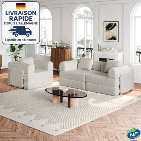 MODFU - Divano trasformabile in ciniglia con cuscini, poltrona, divano imbottito con braccioli e contenitore - Combinazione libera, 3 posti, grigio chiaro
