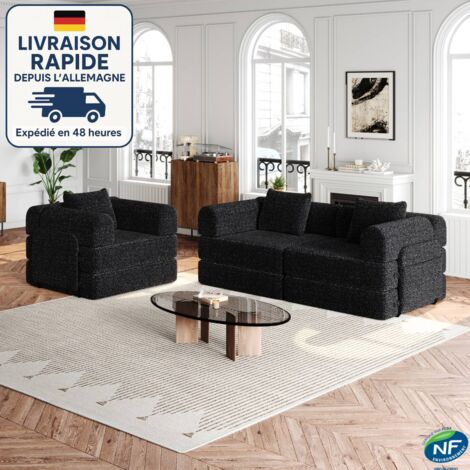 MODFU - Divano trasformabile in ciniglia con cuscini, poltrona, divano imbottito con braccioli e contenitore - Combinazione libera, 3 posti, nero